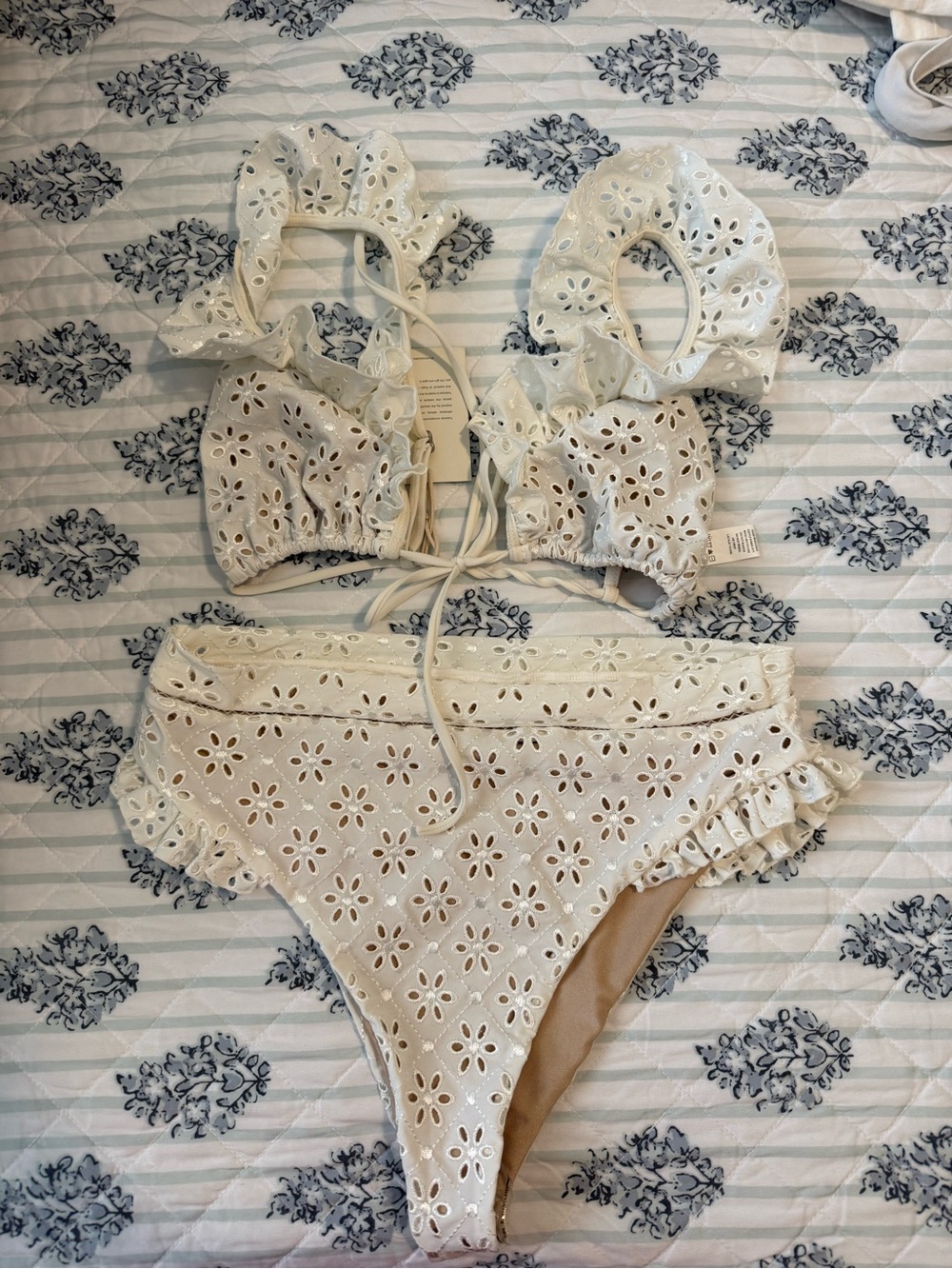 Tularosa Cream Eyelet Ruffle High-Waist Bikini Set